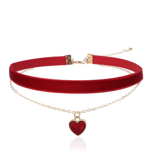 LEEQBCR 1 Chocker Samt-Halskette, klassische Herz-Halskette aus Samt, mehrlagige verstellbare Halskette, Mädchen-Frauen-Schmuck, Gothic-Halskette, 90er-Jahre-Damen-Dekoration (Rot) von LEEQBCR