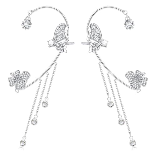 LEEQBCR 1 Paar Damen Schmetterling Quaste Ohrringe, Damen Schmuck, Damen Wrap Around Ohrringe, Schmetterling wickeln Ohrringe, kein Ohr-Piercing, Damen Quaste Ohrringe (Silber) von LEEQBCR