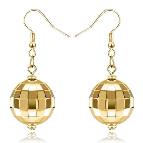 LEEQBCR 1 Paar Disco Ball Ohrringe, 80er Jahre Disco Ball Ohrringe, Punk Disco Ball Schmuck Ohrringe, Damen und Mädchen Vintage Disco Thema Party Kostüm Zubehör (Gold) von LEEQBCR