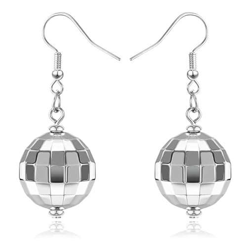 LEEQBCR 1 Paar Disco Ball Ohrringe, 80er Jahre Disco Ball Ohrringe, Punk Disco Ball Schmuck Ohrringe, Damen und Mädchen Vintage Disco Thema Party Kostüm Zubehör (Silber) von LEEQBCR