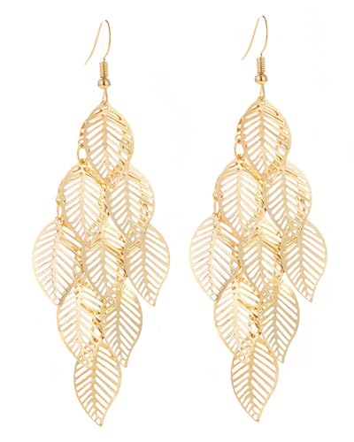 LEEQBCR 1 Paar Ohrringe mit langer Quaste in Form eines Blattes, 925 Sterling Silber Ohrringe, Ohrringe für Frauen, Farbe Gold von LEEQBCR