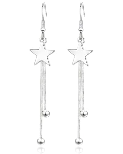 LEEQBCR 1 Paar Silber Ohrhänger Ohrringe, 925 Sterling Silber Damen Haken Ohrringe Hängend, Hypoallergen Tropfen Baumeln Ohrringe mit Stern, Lange Quaste Schlangenkette Ohrringe von LEEQBCR