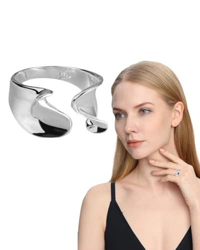 LEEQBCR 1 Stück Damen 925 Sterling Silber Luxus Ringe, Verstellbare Größe,Minimalistischen Welle Breites Gesicht Für Mode Frauen Partei Glänzend Schmuck Zubehör Festival Geschenk von LEEQBCR