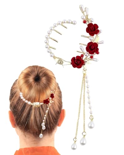 LEEQBCR 1 Stück Perle Rose Haarklammer Quaste Pille Haarspangen Damen Haarklammern Metall Haarspange Pferdeschwanz Schnalle Vintage Rot Rose Blumen Perlen Haarklammern für Hair Clip Accessories von LEEQBCR