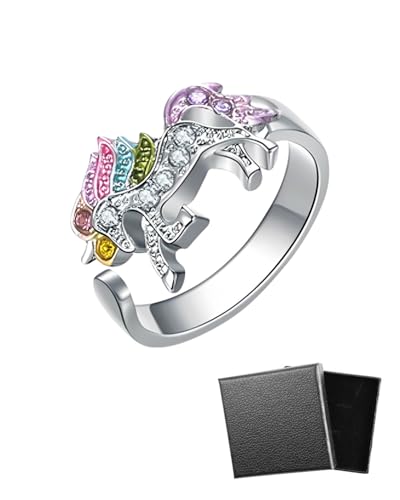 LEEQBCR 1 Stück Regenbogen Einhorn Ring mit Strass,Öffnung Cartoon Einhorn Mädchen Ring (Silber) von LEEQ