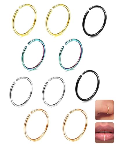LEEQBCR 10 Stück Bunt Fake Piercing 8mm Fake Nose Ring Piercing Ring,Nasenpiercing Schmuck Edelstahl Nasenringe Hoop Septum-Knorpelring-Set Für Damen Männer von LEEQBCR