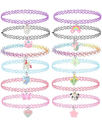 LEEQBCR 12 PCS Choker Halskette Set für Kinder Teenager Mädchen Frauen, Anhänger Charme Einhorn Regenbogen Panda Katze Herz Blume Meerjungfrau Chokers Henna Tattoo Stretch elastisch von LEEQBCR