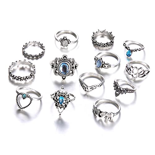 LEEQBCR 13 Stück Kristall Boho Ring Silber Ringe Set Finger Ringe Mode Krone Knöchel Ring für Frauen und Mädchen von LEEQBCR