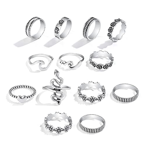 LEEQBCR 13 Stück Vintage Knuckle Ring Sets Silber Schlange Stapelbare Fingerringe Blume Midi Größe Joint Knuckle Ring-Sets für Frauen und Mädchen von LEEQBCR