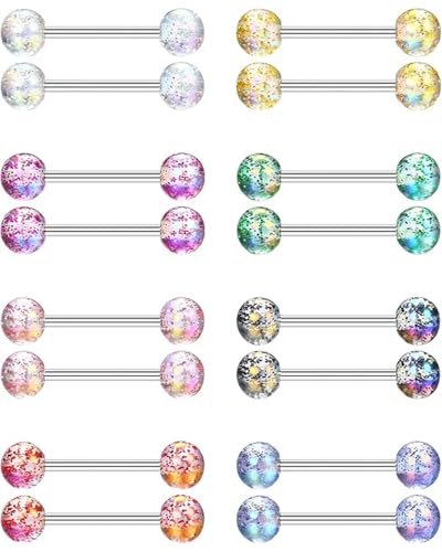 LEEQBCR 16Pcs 14G Zungenpiercing Brustwarzenpiercing Nippelpiercing16mm Stablänge Barbells Body Piercing Kunststoff Mehrfarbig Edelstahl Nippel Piercing Barbell Piercing für Damen von LEEQBCR