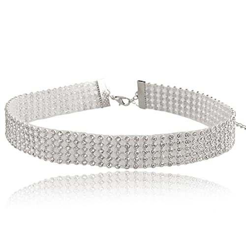 LEEQBCR 1pcs Breite Strass-Halskette, Choker, Schichtung, Silber, Tenniskette, Halskette, kurz, glänzend, Schmuck für Damen und Mädchen von LEEQBCR