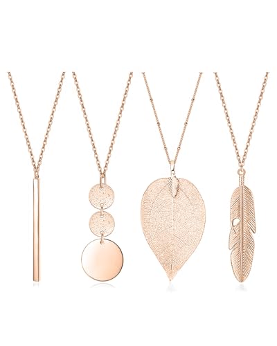 LEEQBCR 4 Stück Lange Kette Damen Kette Gold Lange Anhänger Halsketten Set Silber Bar Feder Kreis Blatt Schloss Quaste Y-Halskette Schmuck-Set Statement Halskette von LEEQBCR