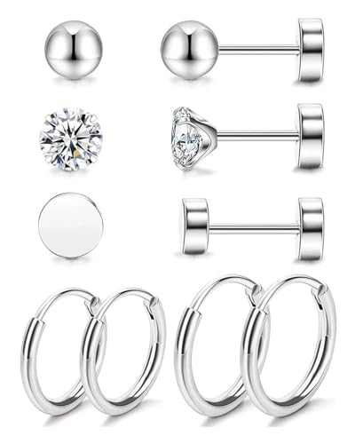 LEEQBCR 5 Paar Titan OhrringeOhrstecker Set,Damen Herren Helix Piercing Flatback Ohrstecker Creolen Silber Ohrringe Set Für Mode Frauen Partei Glänzend Schmuck Zubehör Festival Geschenk von LEEQBCR
