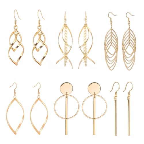 LEEQBCR 6 Paar Damen Mädchen Boho Ohrringe Edelstahl hypoallergene Ohrringe Quaste Blatt Welle Modeschmuck (Gold) von LEEQBCR