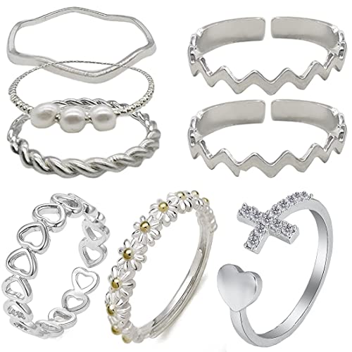 LEEQBCR 8er Set Damenring Böhmische Fingerringe Offen Gänseblümchen Perle Gelenk Welle Blume Knöchelringe Stapelbar Bandringe Ring-Set verstellbar für Frauen Mädchen Charme Mode Schmuck von LEEQBCR