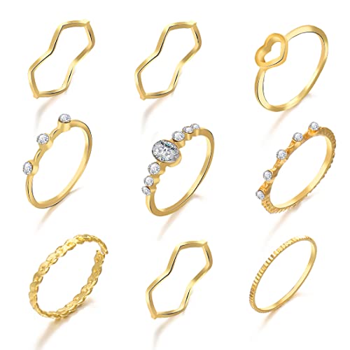 LEEQBCR 9 Stück Boho Ring Gold Ringe Set Kristall Finger Ringe Mode Knöchel Ringe für Frauen und Mädchen von LEEQBCR