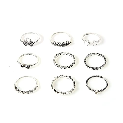 LEEQBCR 9 Stück Vintage-Stern-Ringe-Set, silberfarben, Engelsflügel, Gelenk, Knöchelring, Buchstaben, stapelbar, Fingerringe für Damen und Mädchen von LEEQBCR