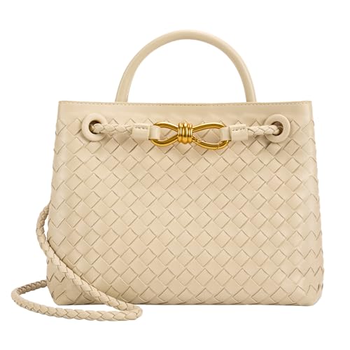 Gewebte Tragetasche für Damen, Leder, Schultertasche, Designer-Handtasche mit Tragegriff oben, Sandfarbe von LEESTUTY