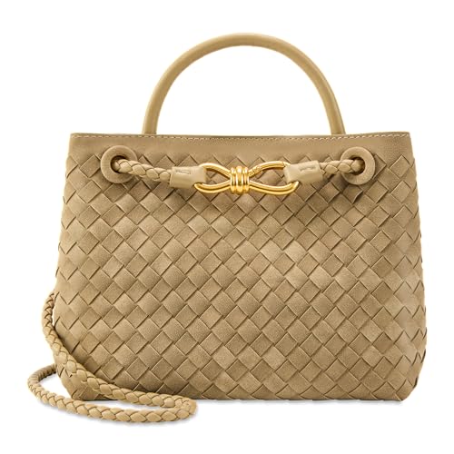 Gewebte Wildleder-Tragetasche für Damen, Leder-Schulter-Handtasche, Designer-Handtasche mit Tragegriff oben, Kiefer Teefarbe von LEESTUTY