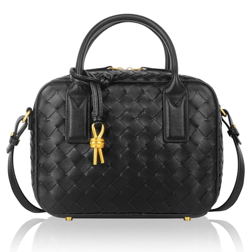 Handgefertigte gewebte Damen-Handtasche mit Tragegriff oben, modisch, Leder, Umhängetasche, Geldbörse, gewebte Geldbörse für Damen (schwarz), Schwarz von LEESTUTY