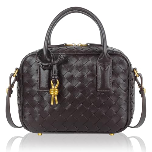 Handgefertigte gewebte Damen-Handtasche mit Tragegriff oben, modisch, Leder, Umhängetasche, Geldbörse, gewebte Geldbörse für Frauen, Kaffee von LEESTUTY