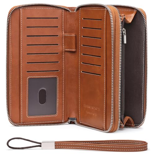 LEEXTON Damen-Geldbörse, Leder, RFID-blockierend, Kreditkartenetui mit doppelten Reißverschlusstaschen und Handgelenkriemen, Helles Braun, Large von LEEXTON
