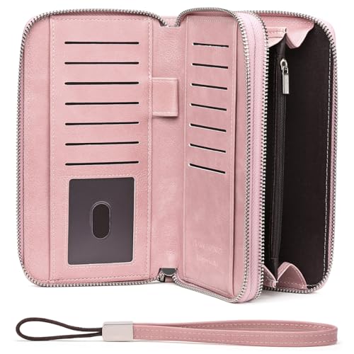 LEEXTON Damen-Geldbörse, Leder, RFID-blockierend, Kreditkartenetui mit doppelten Reißverschlusstaschen und Handgelenkriemen, Helles Pink, Large von LEEXTON