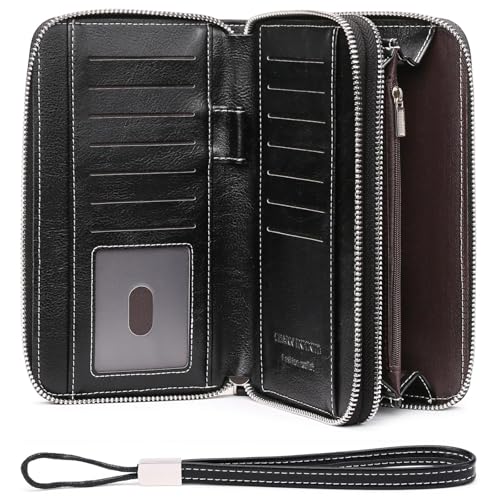 LEEXTON Damen-Geldbörse, Leder, RFID-blockierend, Kreditkartenetui mit doppelten Reißverschlusstaschen und Handgelenkriemen, Schwarz, Large von LEEXTON