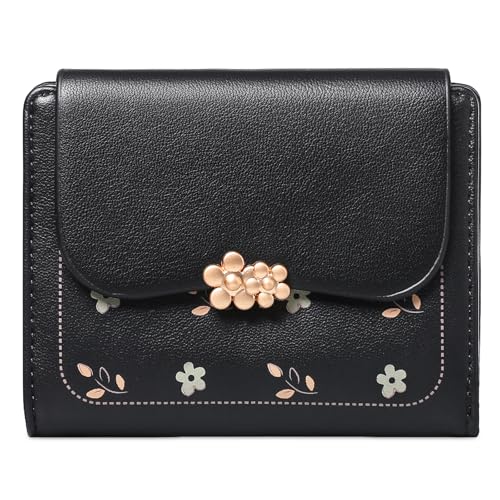 LEEXTON Damen-Geldbörse, Leder, klein, kompakt, dreifach faltbar, RFID-blockierend, Kreditkartenetui mit Reißverschlussfach, Schwarz, Classic von LEEXTON