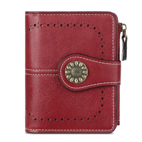 LEEXTON Kleine Damen-Geldbörse, Leder, RFID-blockierend, faltbar, Kartenhalter mit Reißverschlussfach, Weinrot von LEEXTON