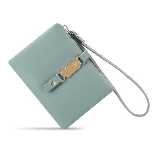 LEEXTON Kleine Damen-Geldbörse, RFID-blockierend, Leder, faltbar, kompakt, Kartenhalter, Damengeldbörse mit Münzfach mit Reißverschluss, Hellgrün von LEEXTON