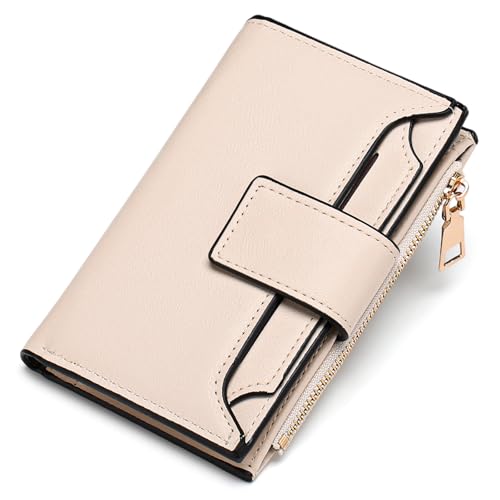 LEEXTON Kleine Damen-Geldbörse aus Leder, RFID-blockierend, kompakt, mit Reißverschluss, Münzfach, Kartenhalter, faltbare Damengeldbörse mit ausziehbarem Ausweisfenster, Weiss/opulenter Garten von LEEXTON