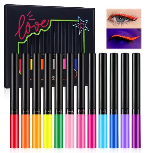 Horuili 12 Farben Neon Liquid Eyeliner Set, Matte, Schnell Trocknende Flüssige Eyeliner, Farbe UV Glow, Wasserfest und Langlebig für Halloween und Weihnachten von Horuili