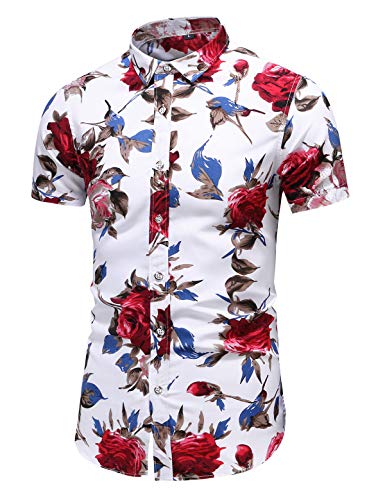 LEFTGU Herren Slim Fit Floral Printed Beach Hawaiian Button Down Kleid Hemd - Rot - Klein von LEFTGU