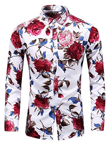 LEFTGU Herren Slim Fit Floral Printed Beach Hawaiian Button Down Kleid Hemd - Weiß - Groß von LEFTGU