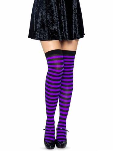 LEG AVENUE 6005 - Overknee Halterlose Strümpfe Mit Streifen, Einheitsgröße (EUR 36-40), schwarz/lila, Damen Karneval Kostüm Fasching von LEG AVENUE