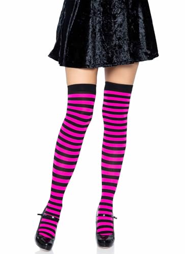 LEG AVENUE 6005 - Overknee Halterlose Strümpfe Mit Streifen, Einheitsgröße (EUR 36-40), schwarz/neon pink, Damen Karneval Kostüm Fasching von LEG AVENUE