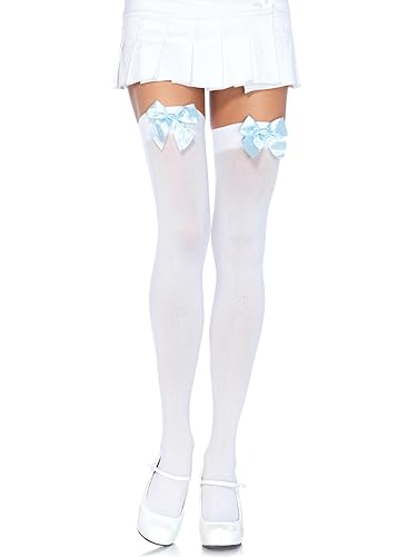 LEG AVENUE 6255 - Blickdichte Nylon Overknee Mit Satin Schleife, Einheitsgröße (EUR 36-40), weiß/hellblau, Damen Karneval Kostüm Fasching von LEG AVENUE