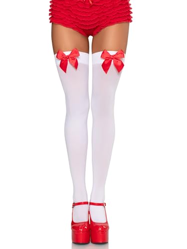 LEG AVENUE 6255 - Blickdichte Nylon Overknee Mit Satin Schleife, Einheitsgröße (EUR 36-40), weiß/rot, Damen Karneval Kostüm Fasching von LEG AVENUE