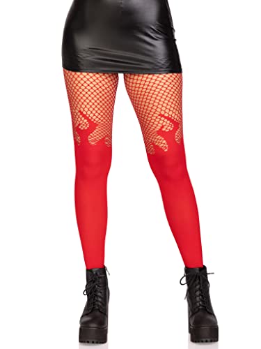 LEG AVENUE Women's Opaque Flame Tights with Fishnet Top Costume Hosiery, rot, Einheitsgröße von LEG AVENUE