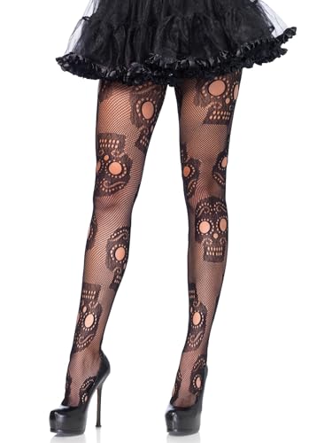 Leg Avenue Damen Sugar Skull net Strumpfhose, schwarz, One Size von LEG AVENUE