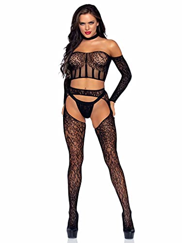 LEG AVENUE Damen 3-teiliges Langarm-Choker-Crop-top, Spitzen-trägerhose, G-String Dessous-Set, Black, One Size (2er Pack) von LEG AVENUE