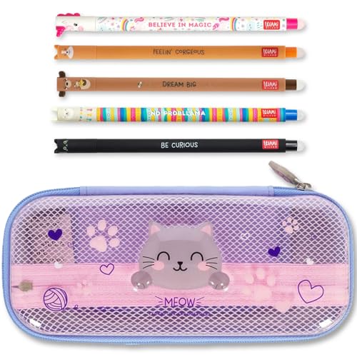 LEGAMI WonderWow Federmäppchen & radierbarer Stift | Set mit 5 niedlichen Tierstiften mit thermosensitiver Tinte + Federmäppchen mit 2 Fächern (Kätzchen) von LEGAMI