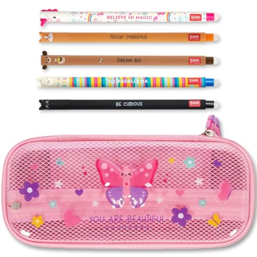 LEGAMI WonderWow Federmäppchen & radierbarer Stift | Set mit 5 niedlichen Tierstiften mit thermosensitiver Tinte + Federmäppchen mit 2 Fächern (Schmetterling) von LEGAMI