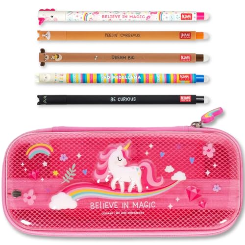 LEGAMI WonderWow Federmäppchen & radierbarer Stift | Set mit 5 niedlichen Tierstiften mit thermosensitiver Tinte + Federmäppchen mit 2 Fächern (Einhorn) von LEGAMI