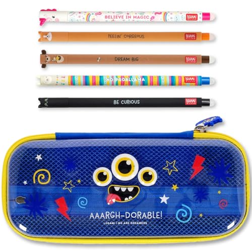 LEGAMI WonderWow Federmäppchen & radierbarer Stift | Set mit 5 niedlichen Tierstiften mit thermosensitiver Tinte + Federmäppchen mit 2 Fächern (Monster) von LEGAMI