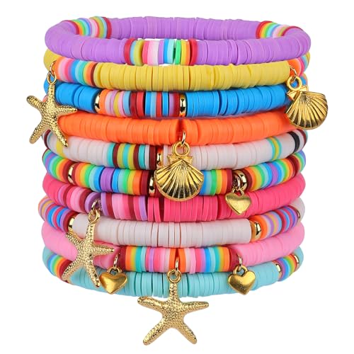 LEGENTLISUR 10 Stück Preppy Armbänder Heishi Stackable Bracelets Handgefertigte Regenbogen Herzen Seestern Armbänder Set Armbänder y2k Perlen Sommer Strand Bohemian Schmuck für Frauen Mädchen von LEGENTLISUR
