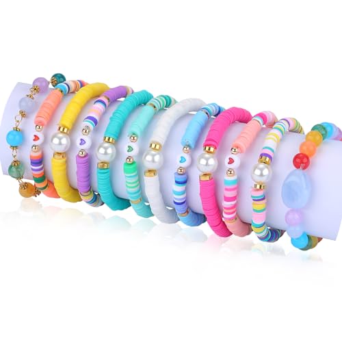 LEGENTLISUR 12 Stück Preppy Glasperlen Armbänder Set - Heishi Stackable Handgefertigte Herzen Perle Armband - Sommer Strand Bohemian Schmuck für Frauen Mädchen von LEGENTLISUR