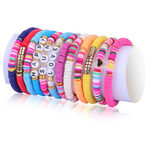 LEGENTLISUR 12 Stück Preppy Armbänder Set Inspirierende Armband mit Spacer Beads Gold Heishi Stackable Bracelets Regenbogen Love Happy Armbänder Set Sommer Strand Bohemian Schmuck für Frauen Mädchen von LEGENTLISUR