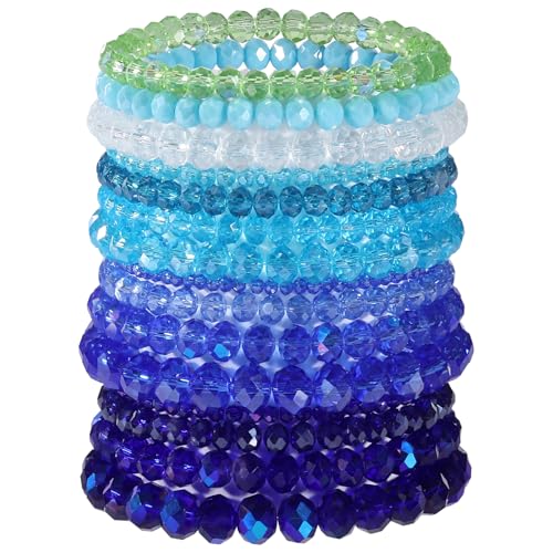 LEGENTLISUR 15 Stück Armband aus Glasperlen Kristallperlen Armband Buntes Perlenarmband Set Handgefertigtes Elastisches Armband aus Runden Blauen Glasperlen für Damen als Schmuckgeschenk von LEGENTLISUR